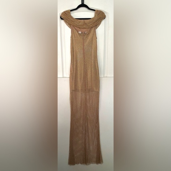 Self Portrait Tan Hotfix Fishnet Maxi Dress crystal Rhinestone studded gown 10 - Picture 4 of 16